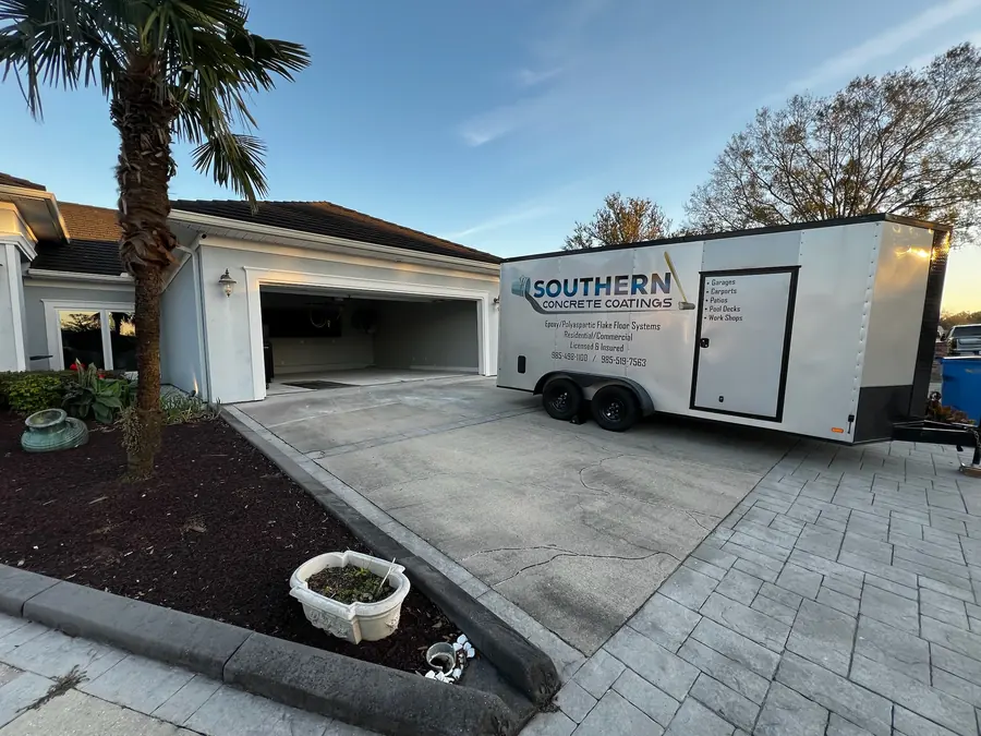 Southern Concrete Coatings trailer in a residential driveway