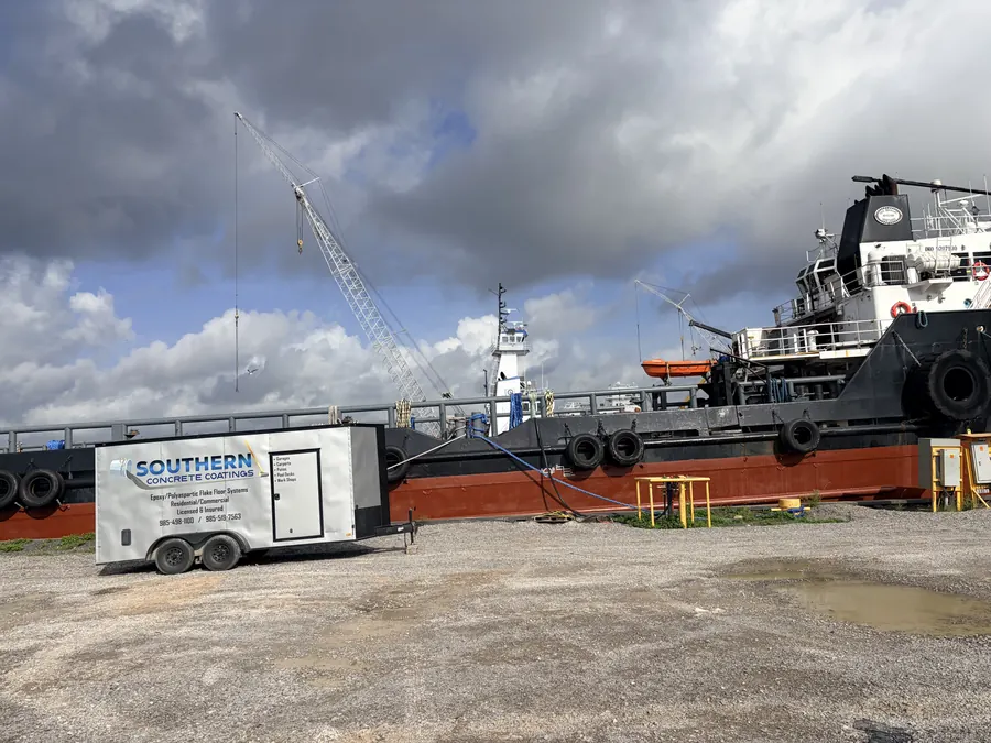 Trailer staged at the shipyard next to a supply vessel under a crane